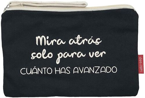 Toiletry Bag / Handbag, 100% Cotton, model "LOOK BACK ONLY TO SEE HOW MUCH YOU HAVE ADVANCED"