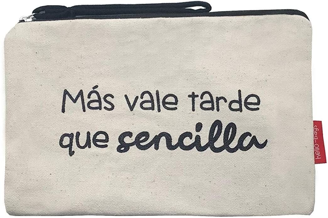 Kulturbeutel / Handtasche, 100% Baumwolle, Modell "MORE VALE TARDE QUE SIMLLA"