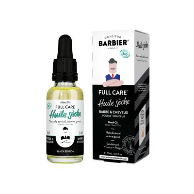 FULL CARE - Huile Sèche Bio pour Barbe & Cheveux 100% Naturelle - Black Edition