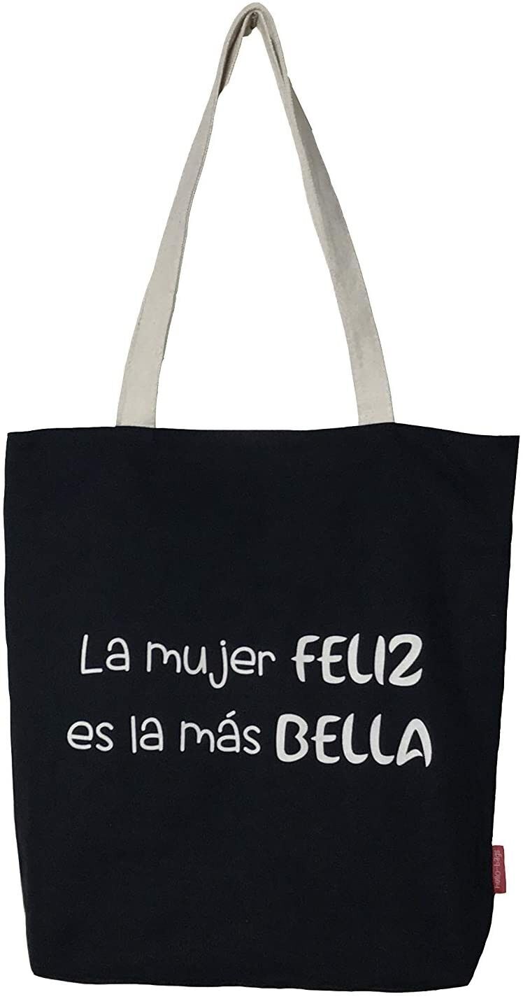 Borsa tote, 100% Cotone, modello "HAPPY WOMAN IS THE PI BELLA"