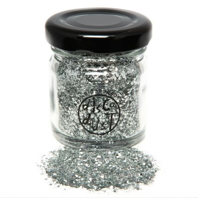 Silver chunky mix bio glitter, glass jar