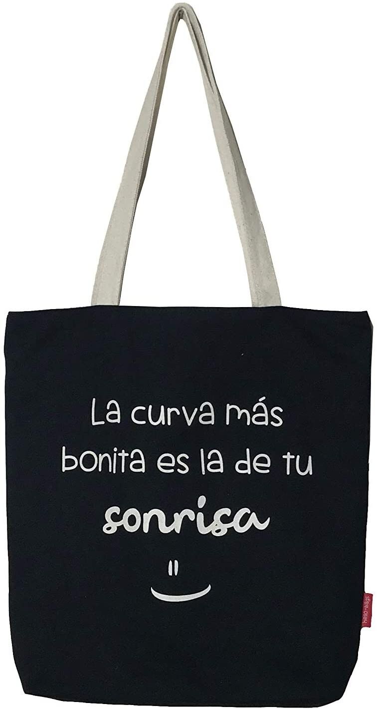 Borsa tote, 100% Cotone, modello "LA CURVA PIU' BELLA E' QUELLA DEL TUO SORRISO"
