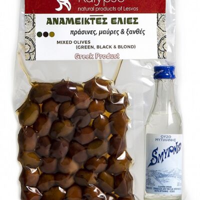 Mixed olives and local ouzo from lesvos isl.