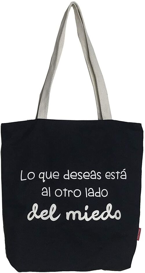 Bolso Tote, 100% Algodón, modelo "LO QUE DESEAS ESTÁ AL OTRO LADO DEL MIEDO"