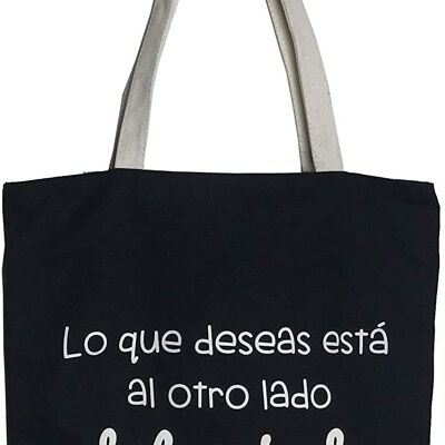 Bolso Tote, 100% Algodón, modelo "LO QUE DESEAS ESTÁ AL OTRO LADO DEL MIEDO"