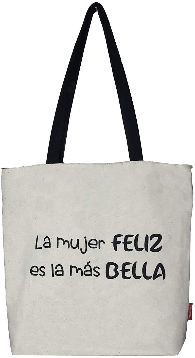 Einkaufstasche, 100% Baumwolle, Modell "DIE GLÜCKLICHE FRAU IST DIE SCHÖNSTE"