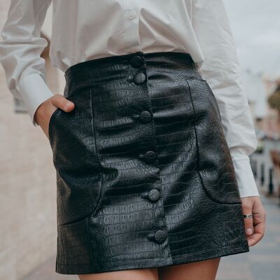 Black eco-leather mini skirt with buttons