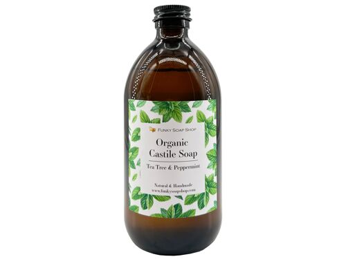 Organic Liquid Castile Soap With Tea Tree And Peppermint, 1 Glass Bottle Of 500ml