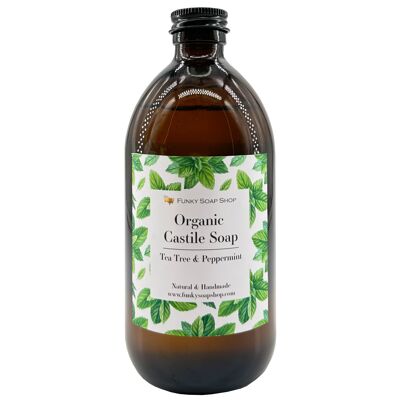 Savon de Castille Liquide Bio Au Tea Tree Et Menthe Poivrée, 1 Flacon Verre De 500ml