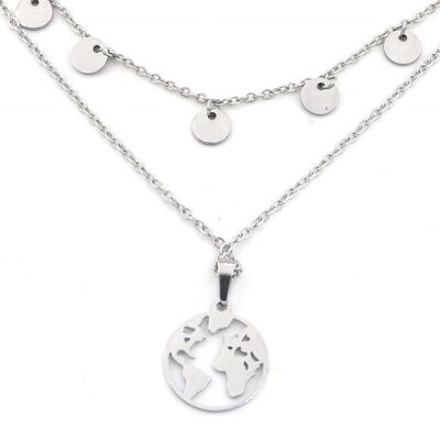 N301-024S S. Steel Layered Necklace Coins and Worldmap Silver