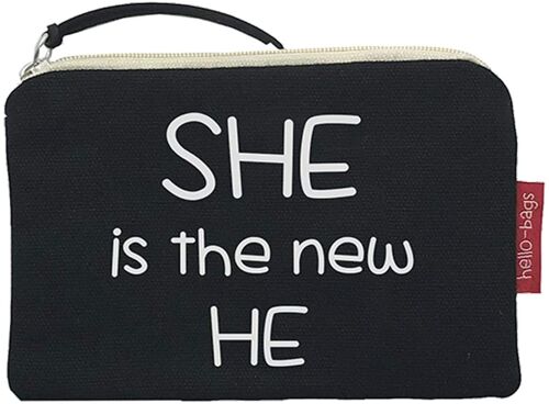 Purse / Wallet / Card Holder Bag, 100% Cotton, model "SHE IS THE NEW HE"