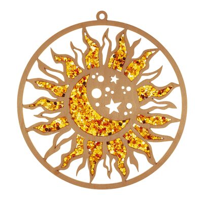 Suncatcher 20cm ambra in legno di betulla - sole e luna
