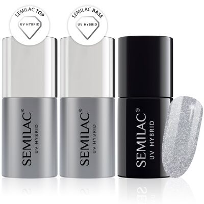 Semilac Base + Top + 093 Silver Dust UV Gel Polish Set