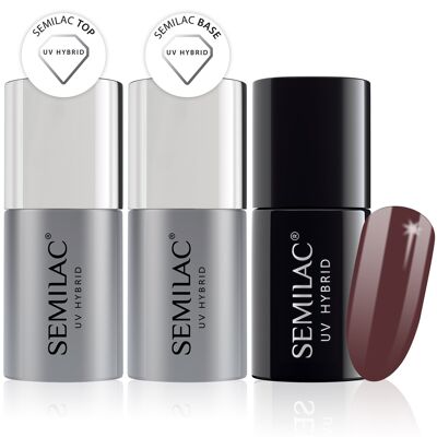 Semilac Base + Top + 075 Stylish Brown UV Gel Polish Set
