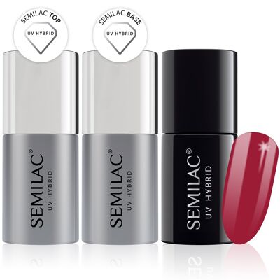 Semilac Base + Top + 066 Glossy Cranberry UV Gel Polish Set