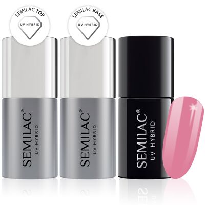 Semilac Base + Top + 060 Bubblegum Pink UV Gel Polish Set