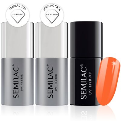 Semilac Base + Top + 045 Electric Orange UV Gel Polish Set
