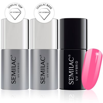 Semilac Base + Top + 043 Electric Pink UV Gel Polish Set