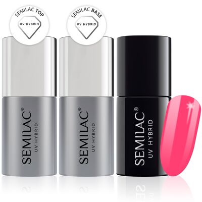 Semilac Base + Top + 042 Neon Raspberry UV Gel Polish Set