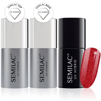 Semilac Base + Top + 025 Glitter Red UV Gel Polish Set