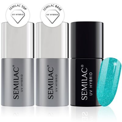 Semilac Base + Top + 020 Green Glass UV Gel Polish Set