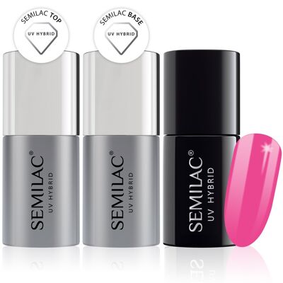 Semilac Base + Top + 008 Intensive Pink UV Gel Polish Set