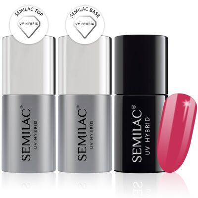 Semilac Base + Top + 007 Pink Rock UV Gel Polish Set