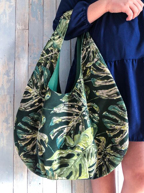 Handmade green leaves print hobo beach bag