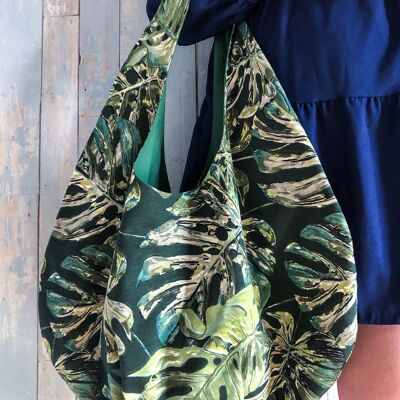 Handmade green leaves print hobo beach bag