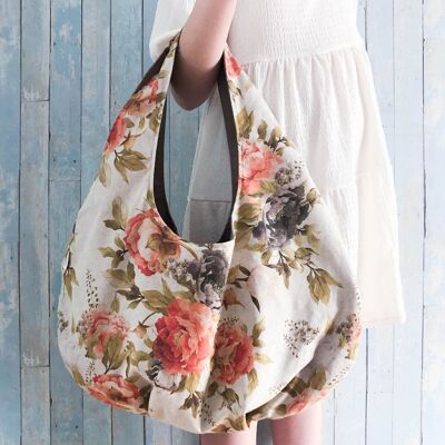 Peony print hobo beach bag. Handmade large fabric hobo handbag.