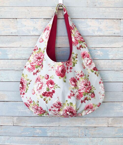 Rose print hobo beach bag. Handmade large fabric hobo handbag.