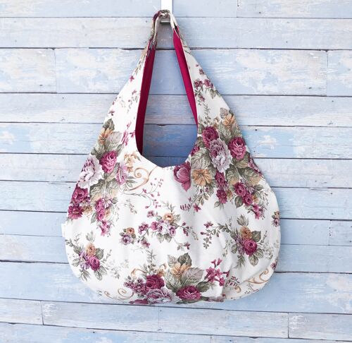 Handmade roses print hobo beach bag. Large fabric hobo handbag.