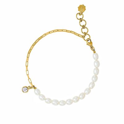 Yellow Vermeil Luna White Pearl White Topaz Charm Chain Bracelet