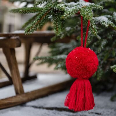 Red 8cm Festive Pom Pom Tassel Swag