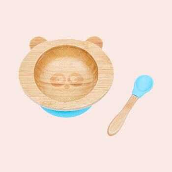 Set de repas bébé Panda bleu en bambou et silicone ( bol + cuillère ) 1