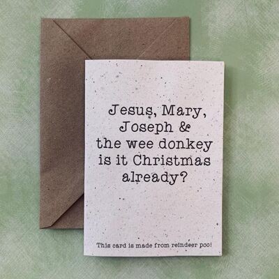 Jesus, Mary, Joseph and wee donkey - Reindeer Poo Greeting Card