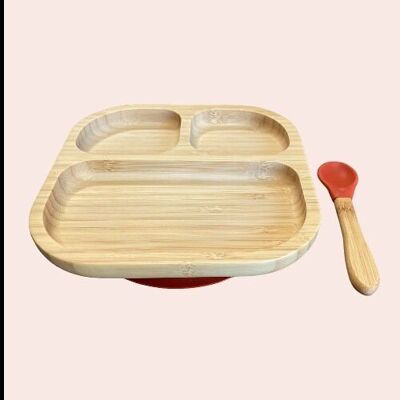 Baby meal set: 3-compartment bamboo plate + Terracotta silicone (plate + spoon)