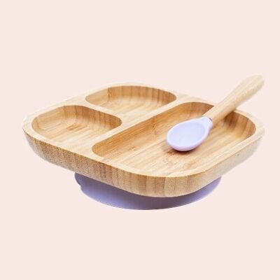Set de comida para bebé: plato bambú 3 compartimentos + silicona lila (plato + cuchara)