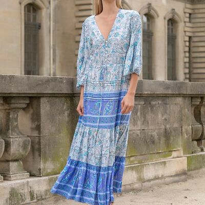 Long dress with floral print, buttoned front and V-neck