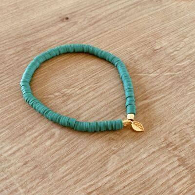 Bracelet Heishi Vert Breloque feuille Dorée