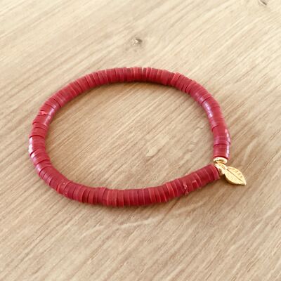 Bracelet Heishi Bordeaux Breloque feuille Dorée