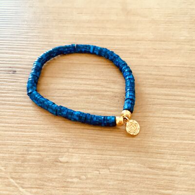 Bracelet Heishi Bleu Chiné Breloque Medaille Dorée