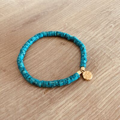 Bracelet Heishi Vert Chiné Breloque Medaille Dorée