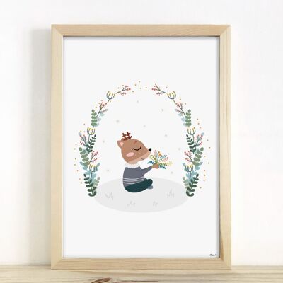 Affiche enfant - "Cerf fleurs couronne végétale" A5