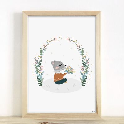 Affiche enfant - "Loup fleurs couronne végétale" A5