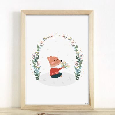 Affiche enfant - "Renard fleurs couronne végétale" A4