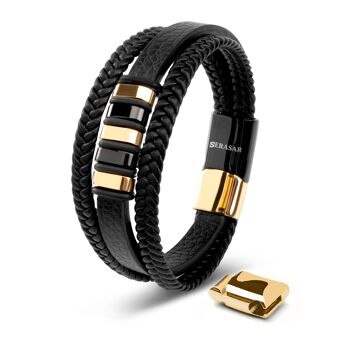 Bracelet cuir "Glory" - or / noir - B017 1