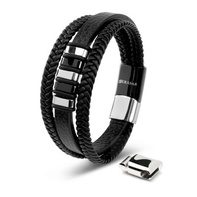 Bracelet cuir "Glory" - argent / noir - B016