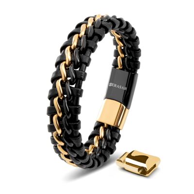 Leather bracelet "Steel" - gold / black - B015