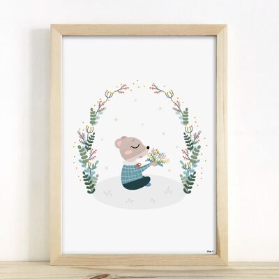 Affiche enfant - "Ours fleurs couronne végétale" A3